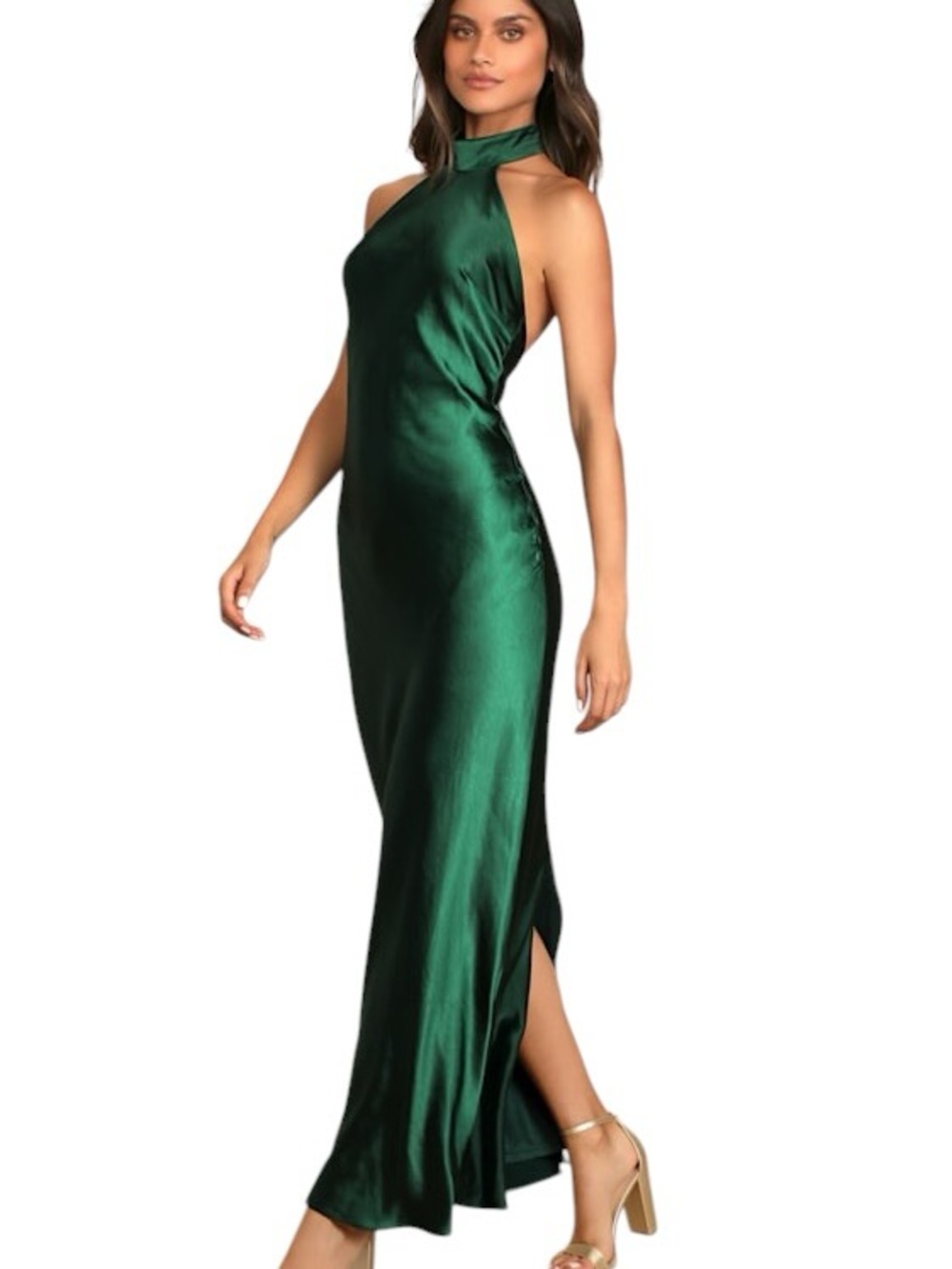 Love in Your Life Emerald Green Satin Halter Maxi Dress size medium open back